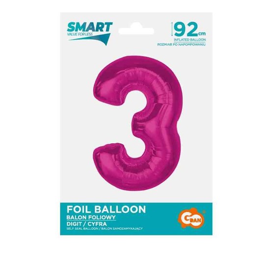 BALON FOLIOWY SMART CYFRA 3 RÓŻOWA 92CM -zdjęcie numer 1