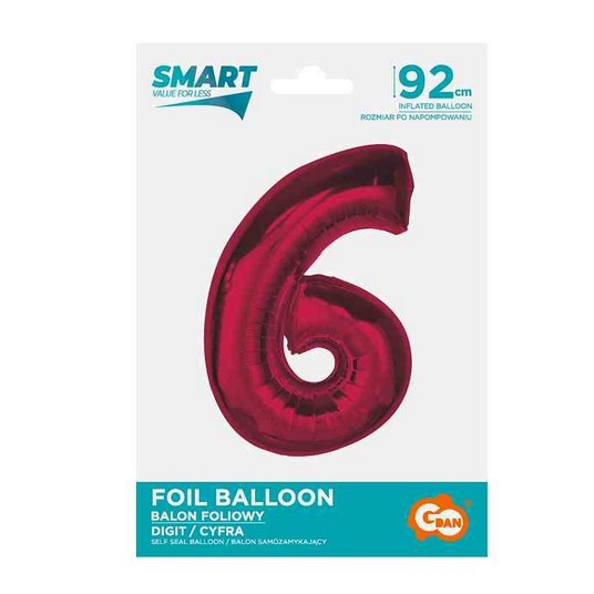 BALON FOLIOWY SMART CYFRA 6 CZERWONA 92CM -zdjęcie numer 1