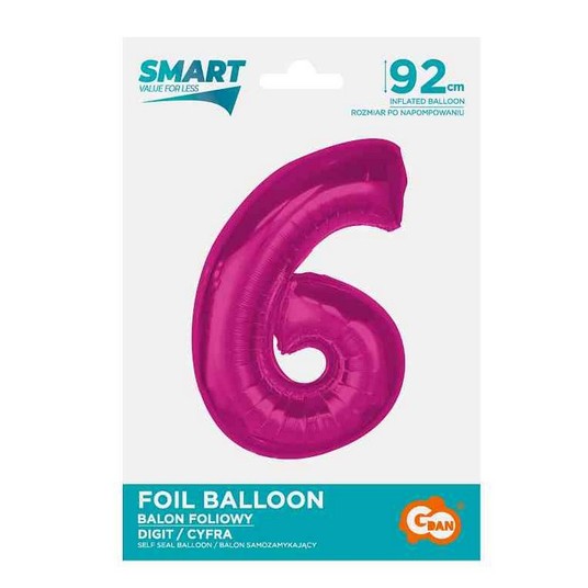 BALON FOLIOWY SMART CYFRA 6 RÓŻOWA 92CM -zdjęcie numer 1