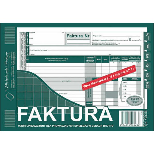 FAKTURA VAT BRUTTO A5 POZIOM - UPROSZCZONA 123-3E -zdjęcie numer 1