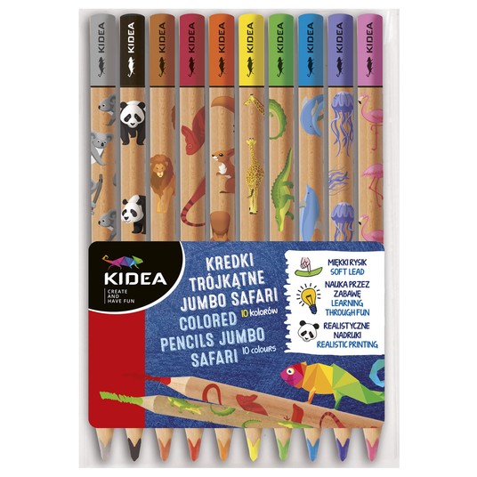 KREDKI TRÓJKĄTNE JUMBO SAFARI 10 KOLORÓW KIDEA -zdjęcie numer 1