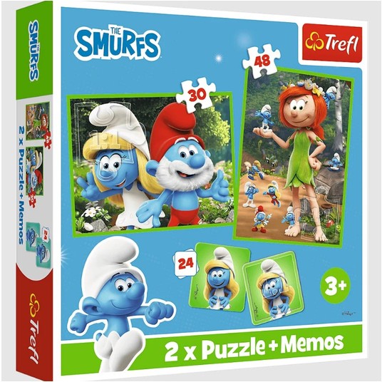 PUZZLE 2W1+MEMOS WESOŁE ZABAWY SMERFÓW 93656 -zdjęcie numer 1
