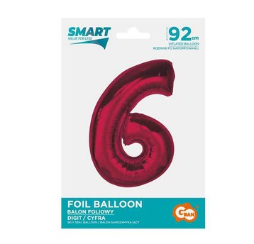 BALON FOLIOWY SMART CYFRA 6 CZERWONA 92CM
