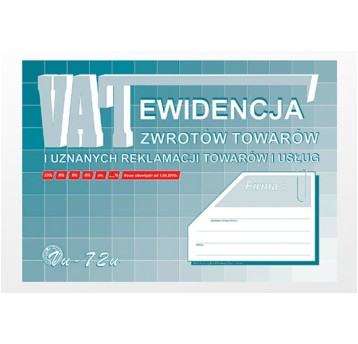 EWIDENCJA VAT ZWR.TOW. I UZN.REKLAMACJI A4 Vu-72-u