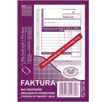 FAKTURA DLA ZWOL.PODM.Z PODATKU A6 PION 205-5E