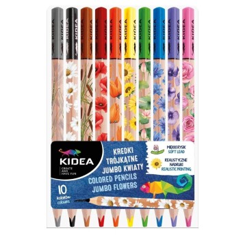 KREDKI TRÓJKĄTNE JUMBO KWIATY10 KOLORÓW KIDEA 3515