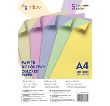PAPIER KOLOROWY A4 100ARK 5 KOL PASTEL GIMBOO 0780