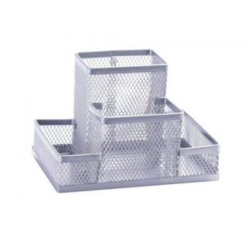 PRZYBORNIK NA BIURKO Z 4 PRZEGRÓDKAMI SIATKA SREBN