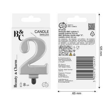ŚWIECZKA B&C CYFERKA 2 METALIK SREBRO 4491